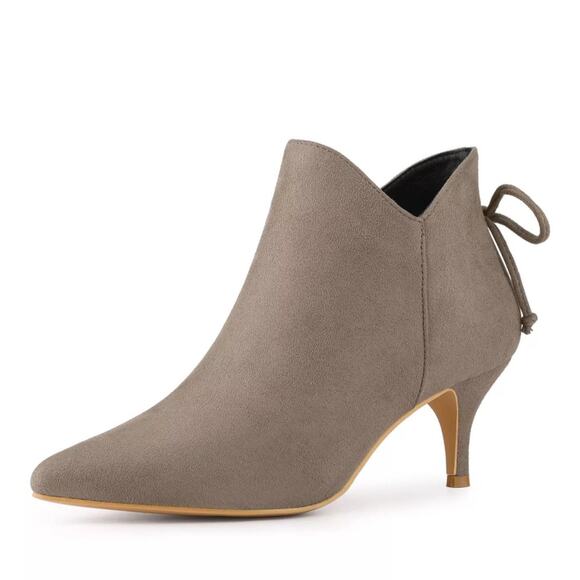 Allegra K Womens Pointed Toe Back Bow Side Zip Kitten Heel Ankle Booties Taupe 9 - Picture 1 of 7